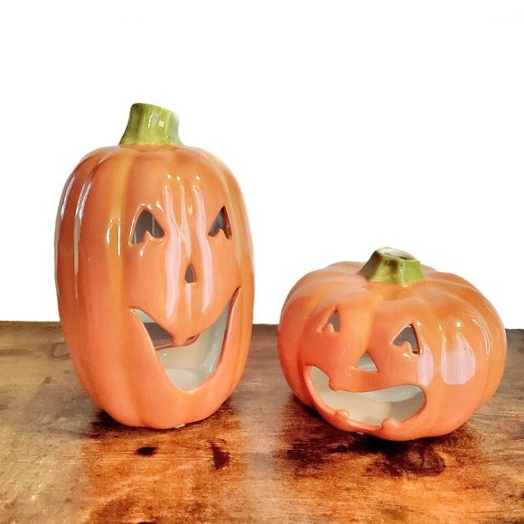 Other - Halloween Pumpkin Ceramic Holiday Candle Holders Set Of 2